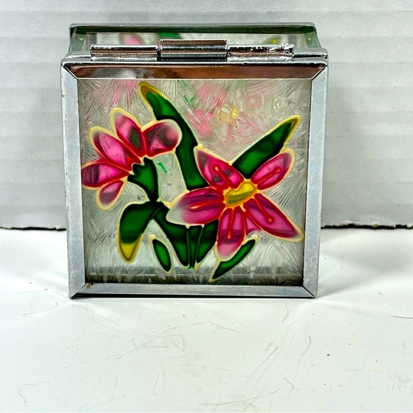 Stained Glass Pink Flower Jewelry Trinket Vanity Box Mirrored Bottom - Picture 6 of 11